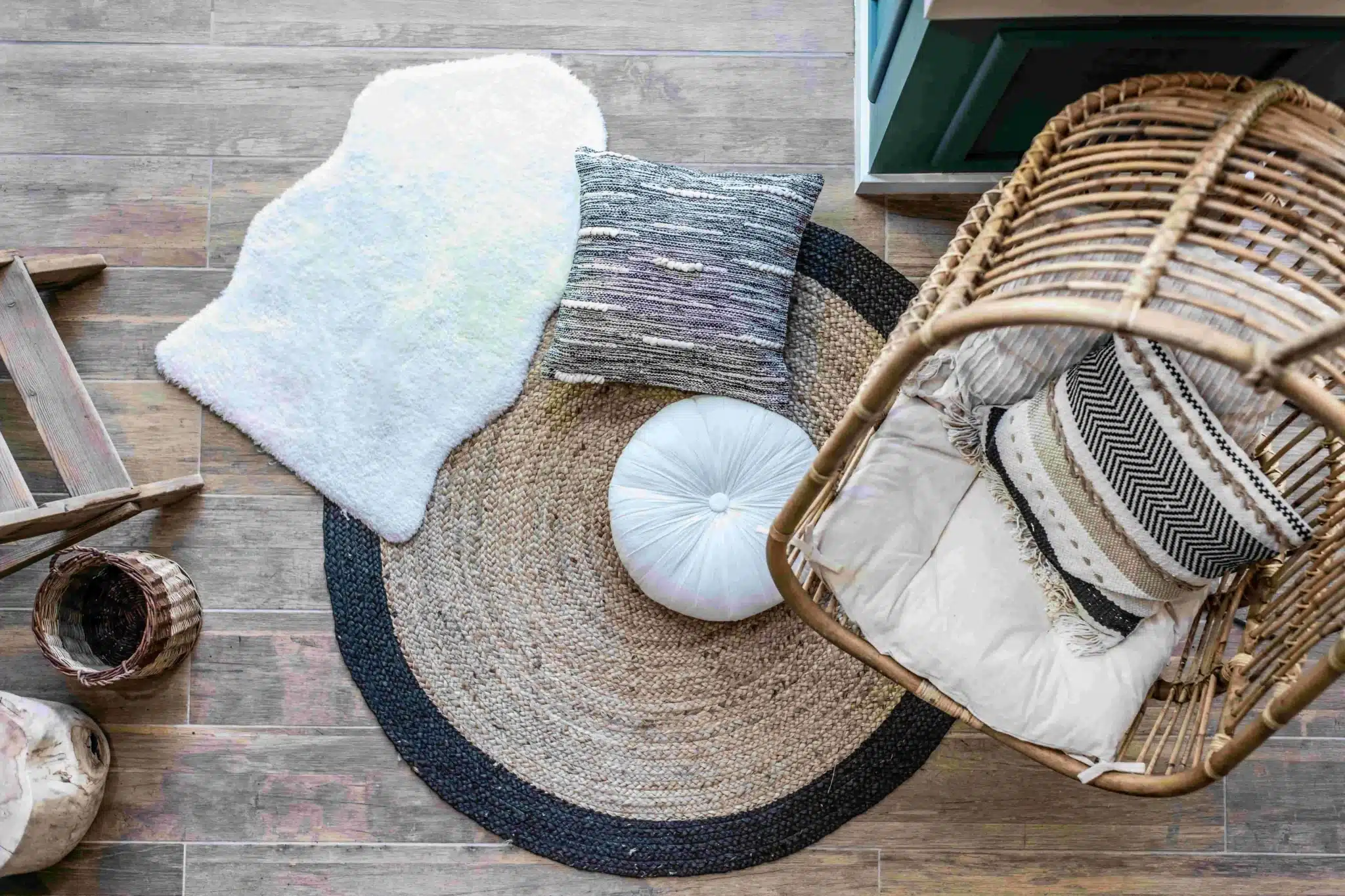 Top-down view of a cozy seating area with a wicker chair, round rug, textured pillows, a faux fur mat, and decorative wooden accents on a wooden floor.